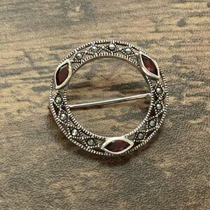 Vintage Sterling Silver Circle Pin Marquise Cut Garnet Marcasite Art Deco Style